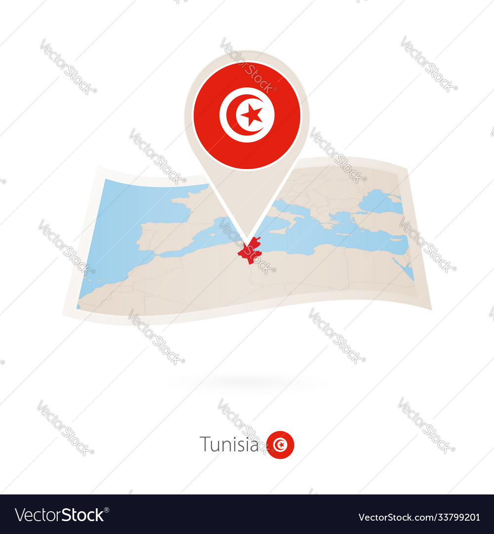 Folded Paper Map Tunisia With Flag Pin Royalty Free Vector