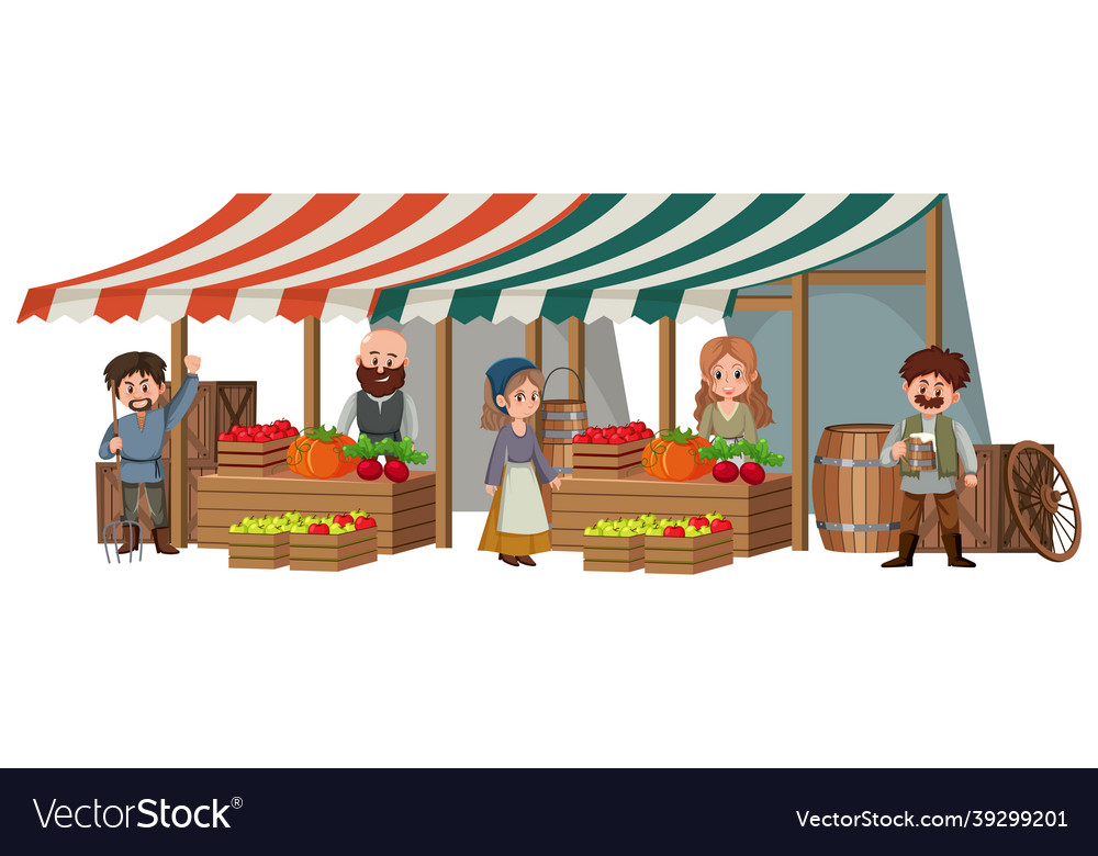 Medieval villagers at fruit store on white