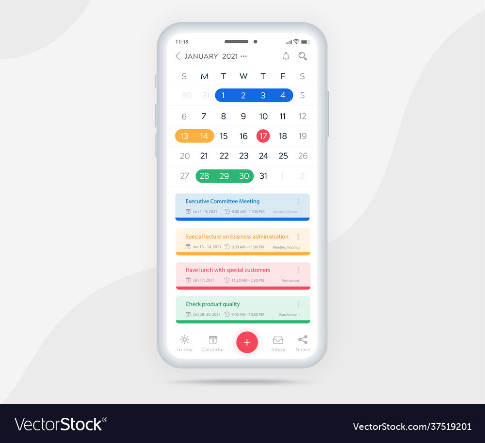 Mobile App Calendar Activity Events Schedule Vector Image