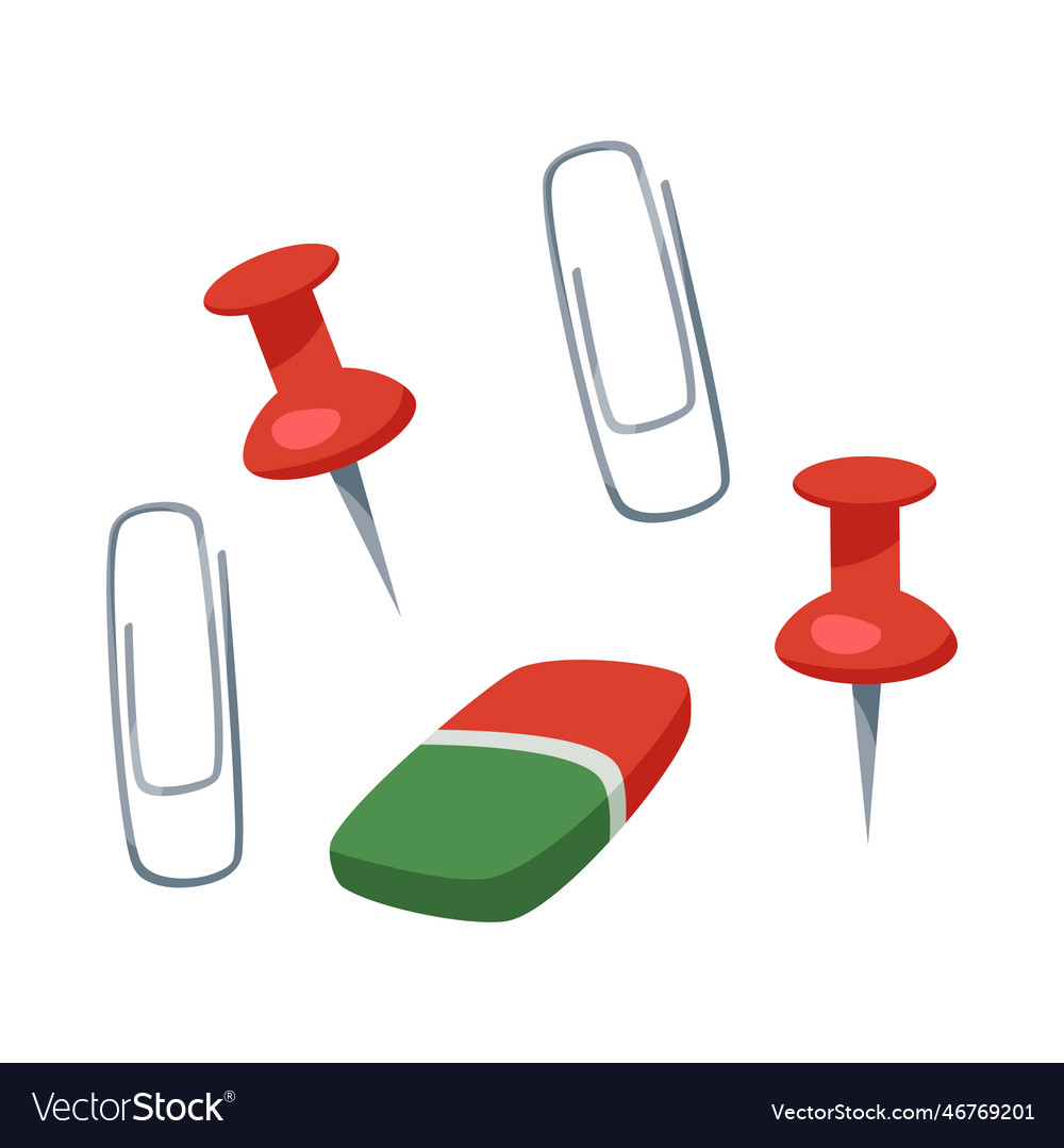 Pins paper clips and eraser Royalty Free Vector Image