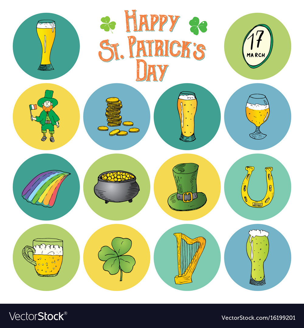 St patricks day hand drawn doodle icons set