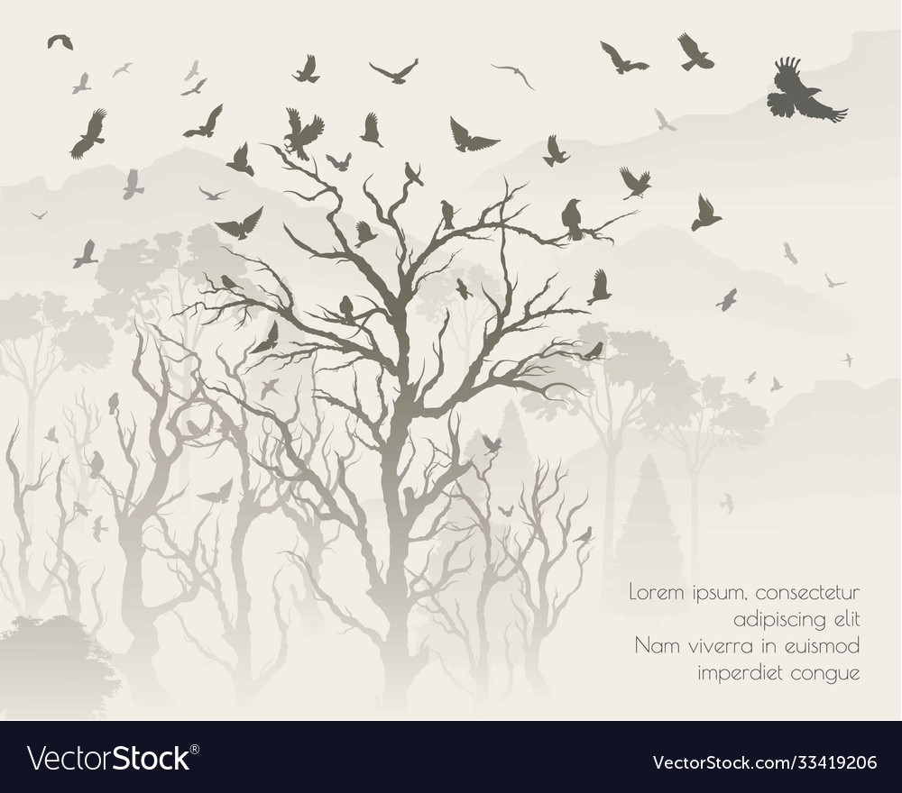 Figure flock flying birds on tree branch vector image Figure flock flying birds on tree branch