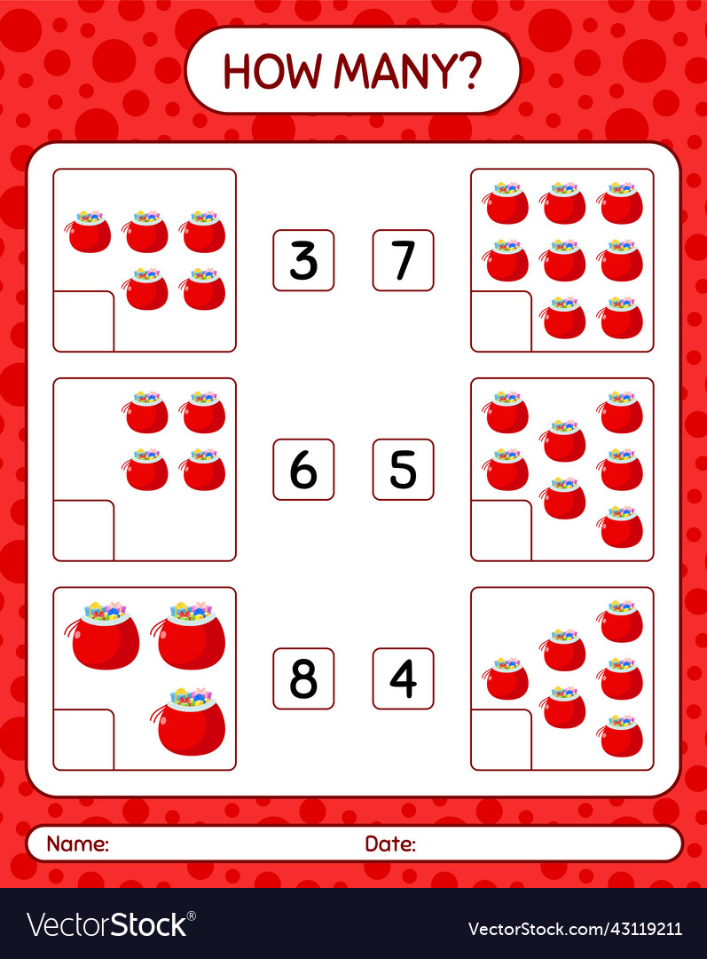 How many counting game with santas bag worksheet