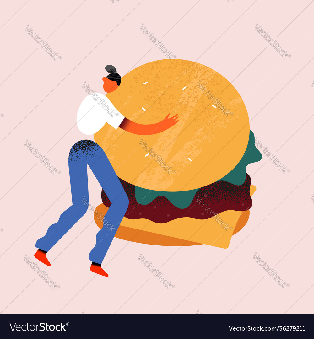 Woman holding burger tiny human character