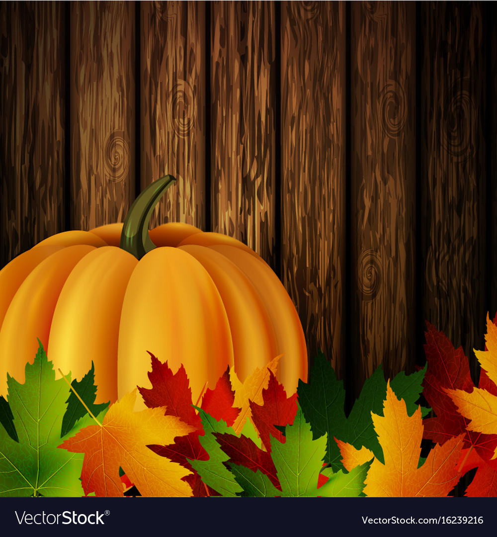 Autumn leaves and pumpkin on wooden texture