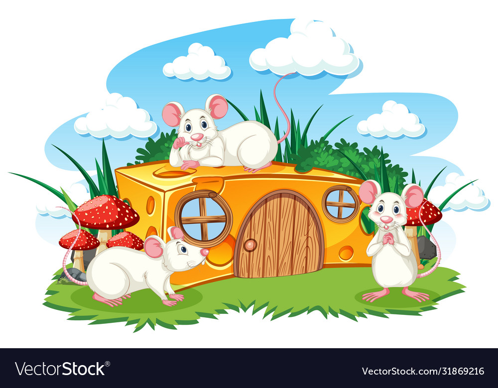 Mouses with cheese house in garden cartoon Vector Image