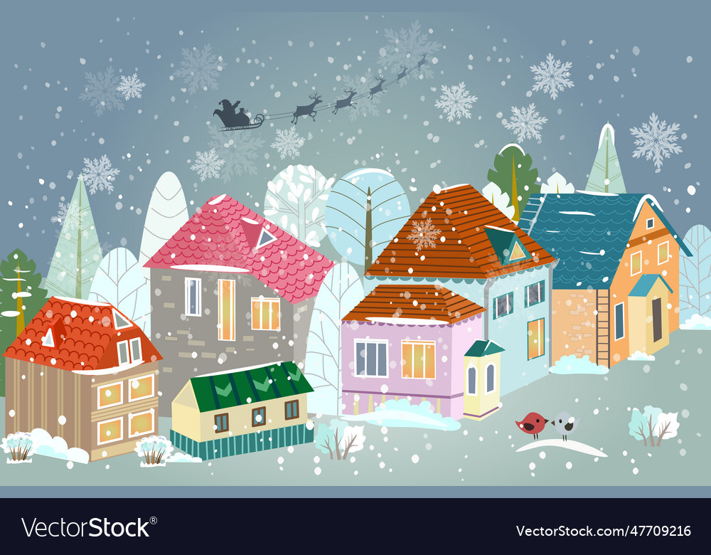 Cute cityscape in winter with silhouette of santa vector image Cute cityscape in winter with silhouette of santa