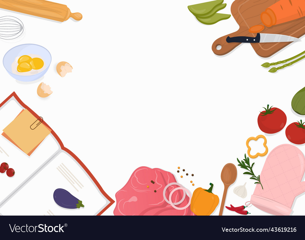Recipe book and ingredients on white background