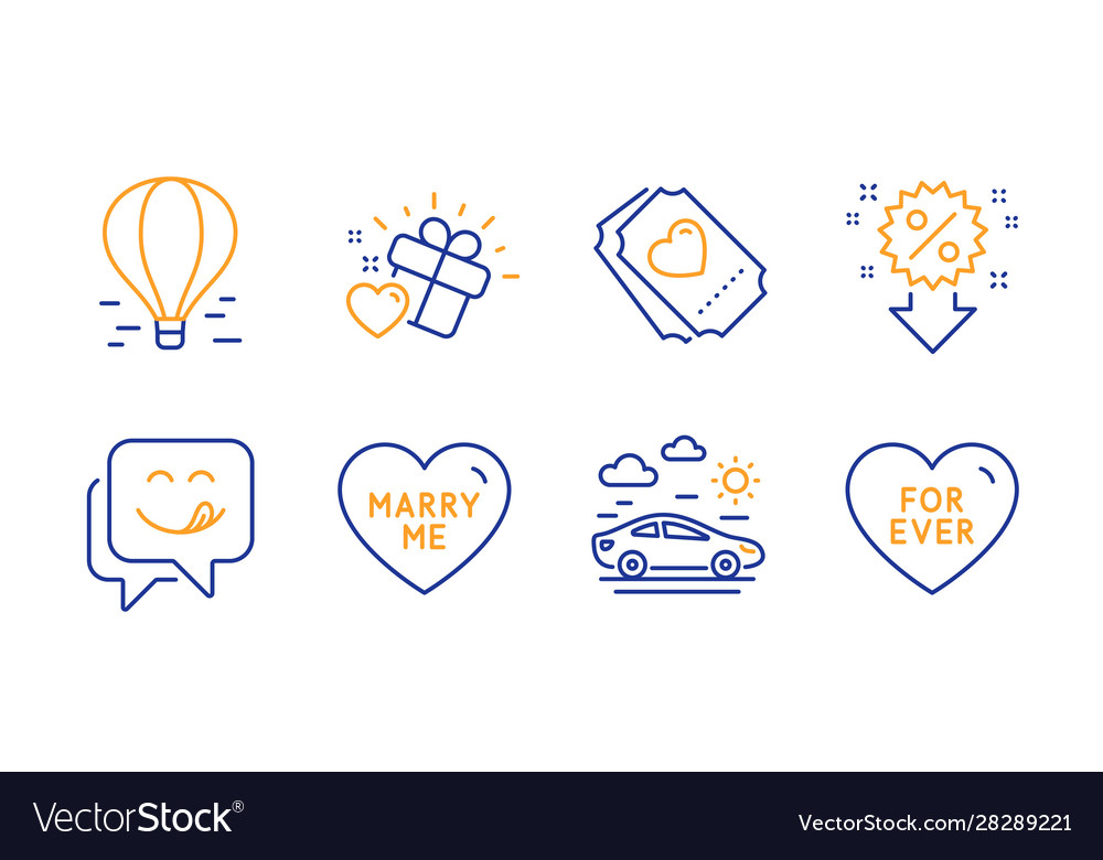 Discount air balloon and love ticket icons set