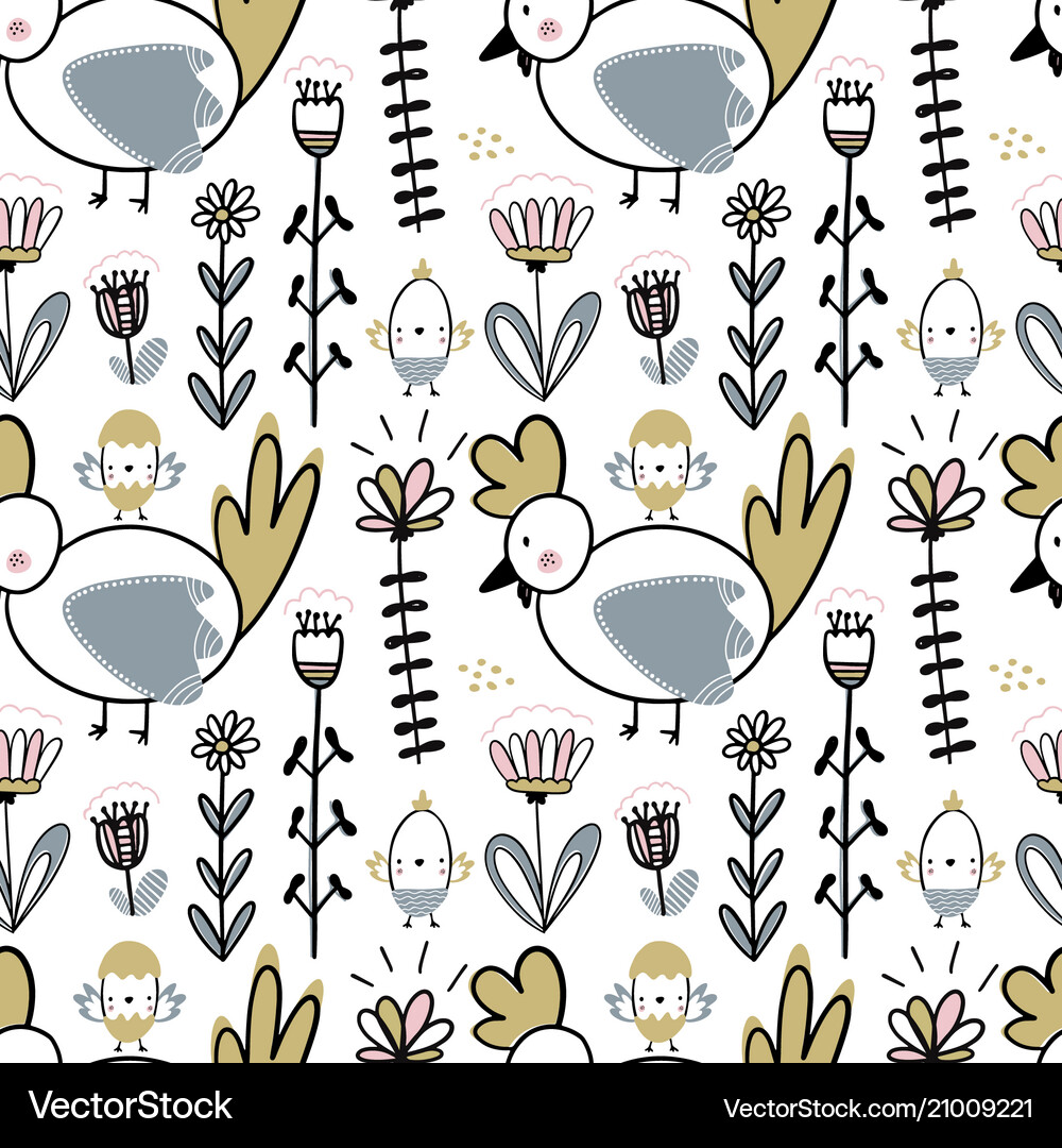 Easter seamless pattern with flowers chickens and Vector Image