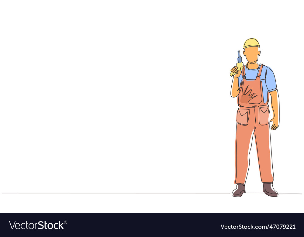 Single continuous line drawing man worker holding