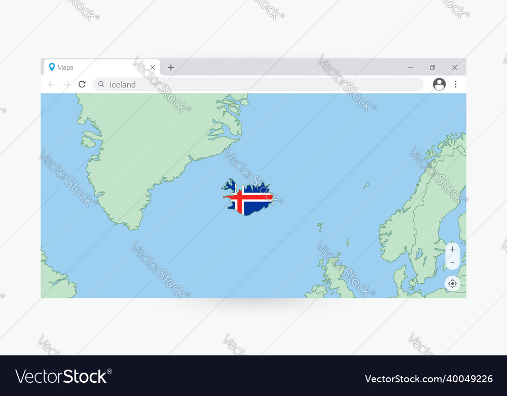Browser window with map of iceland searching