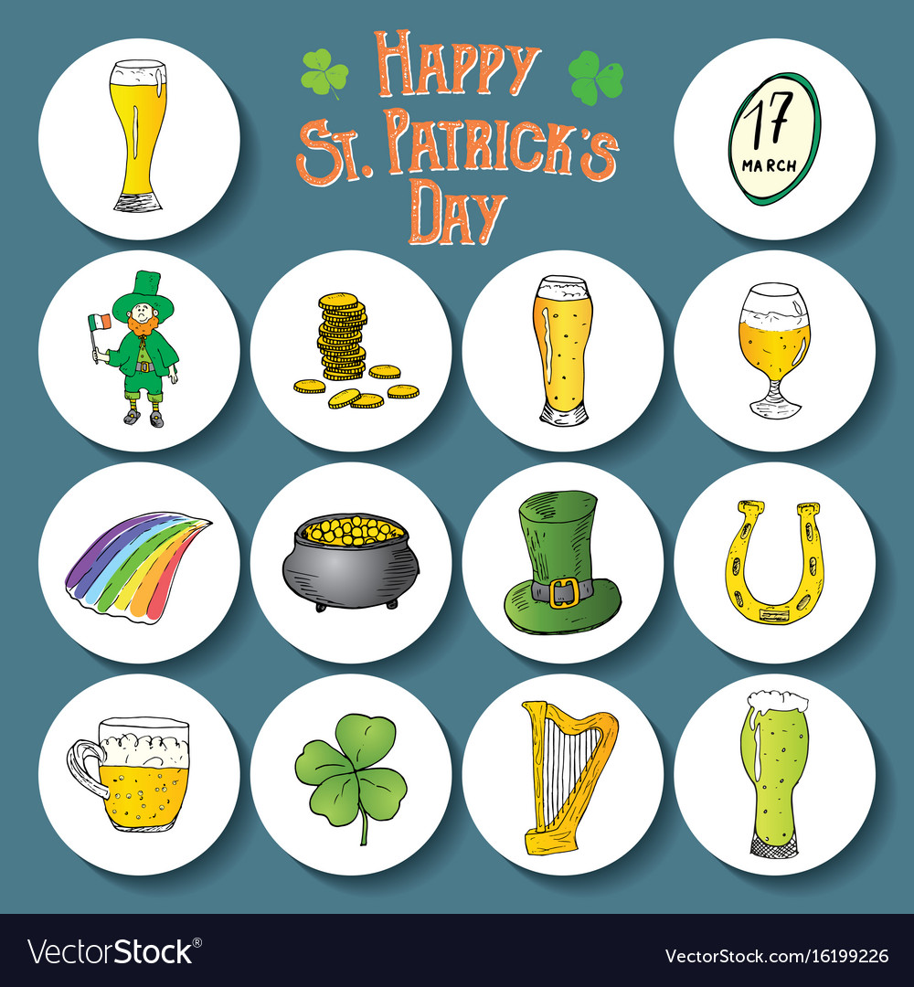 St patricks day hand drawn doodle icons set