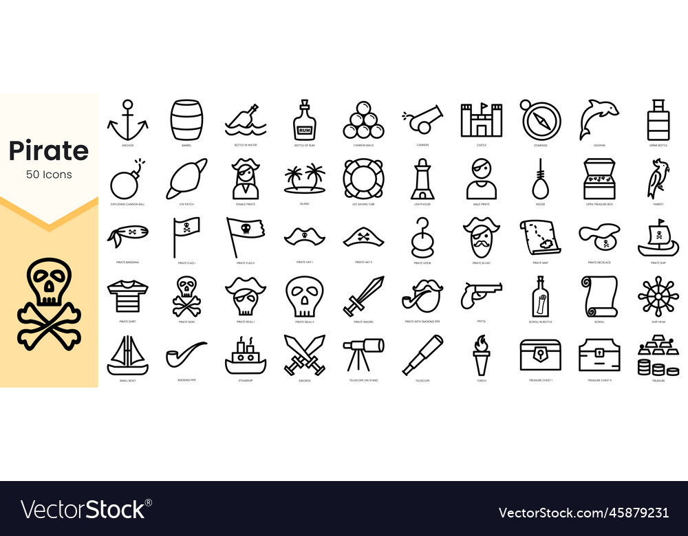 Set of pirate icons simple line art style