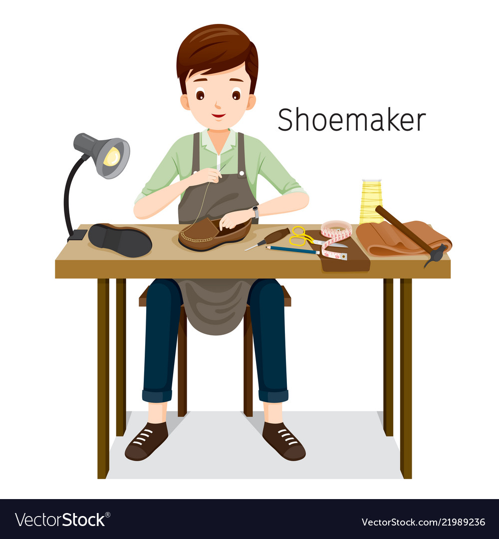 Shoemaker repairing man shoes he sewing on shoe Vector Image