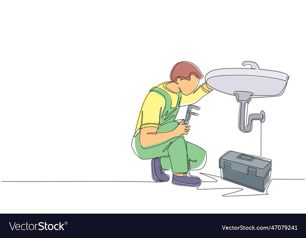 Continuous one line drawing plumber worker vector image Continuous one line drawing plumber worker