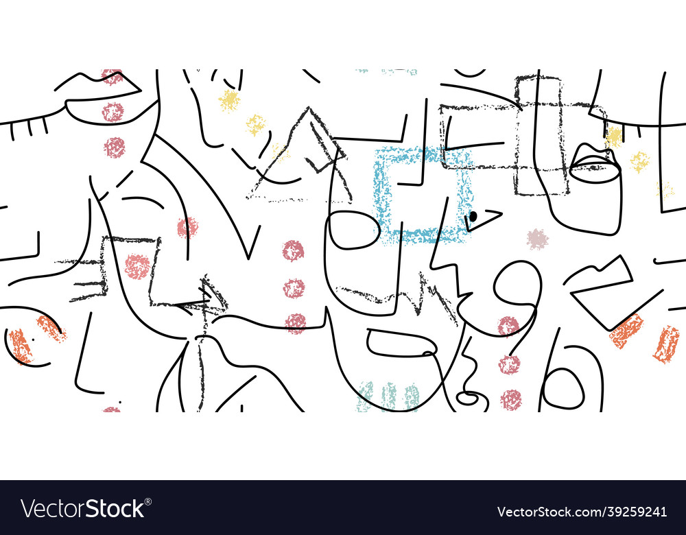 One line drawing abstract face seamless pattern