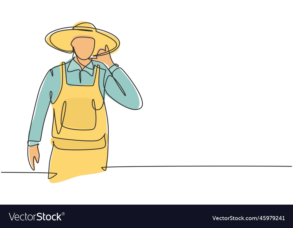 Single continuous line drawing farmer with call
