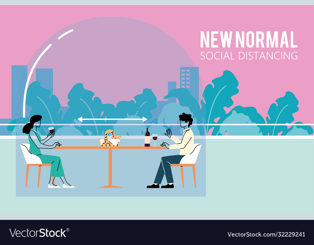 Social distancing between woman and man at table Vector Image