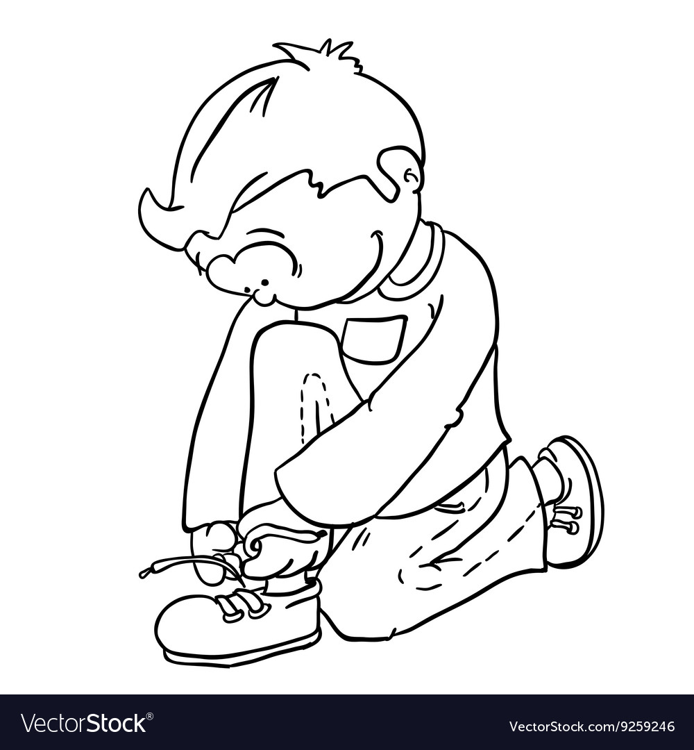 Download Black and white boy tying a shoelace Royalty Free Vector