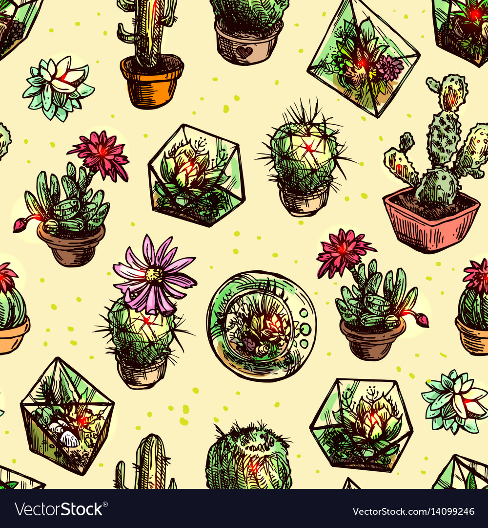 Seamless pattern with succulents and cactus