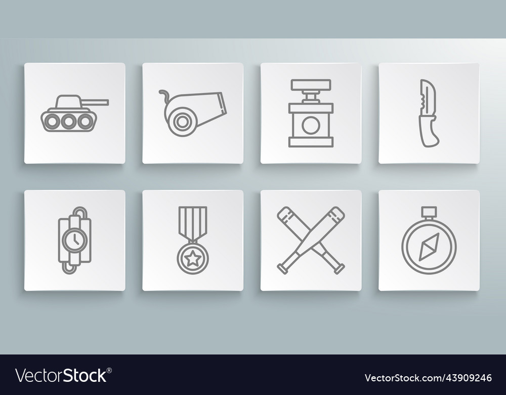 Set line dynamite stick and timer clock cannon vector image Set line dynamite stick and timer clock cannon