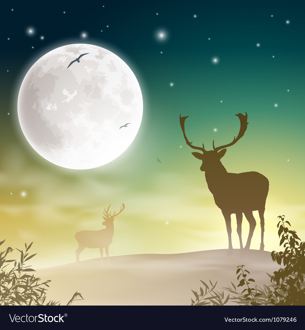 Silhouetted Stag Under Moonlit Sky