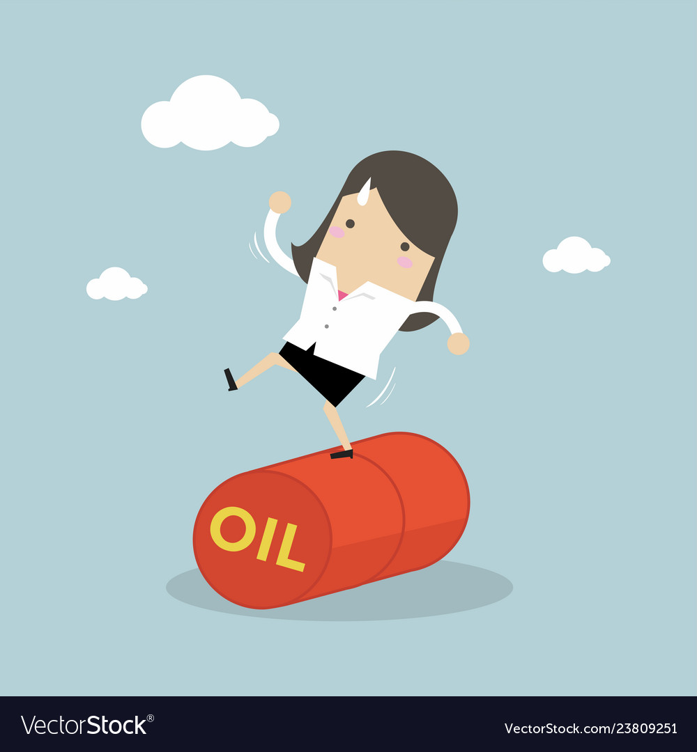 Businesswoman balancing on oil barrel rolling