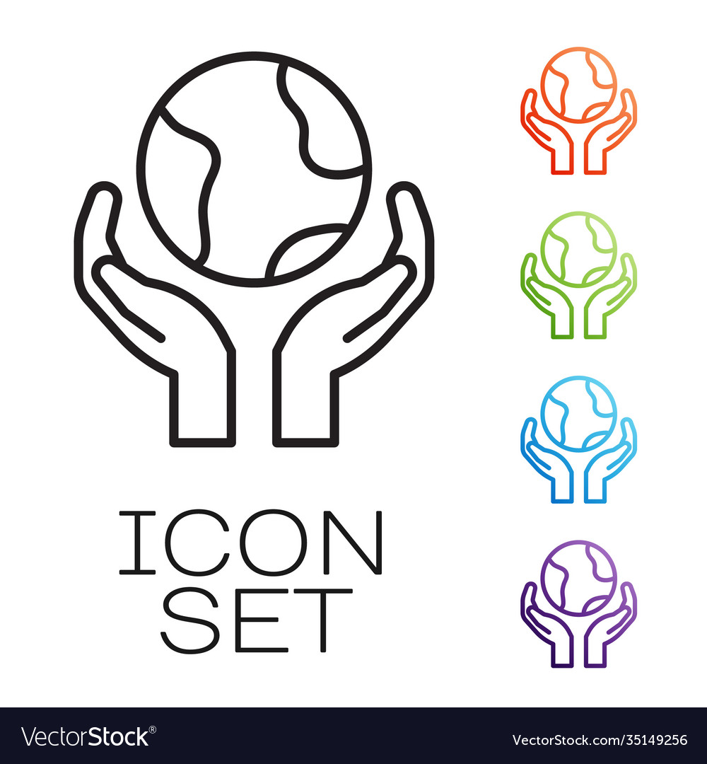 Black line human hands holding earth globe icon vector image Black line human hands holding earth globe icon