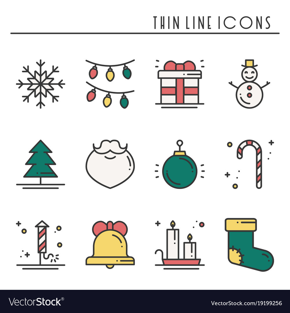 Christmas holiday thin line icons set new year