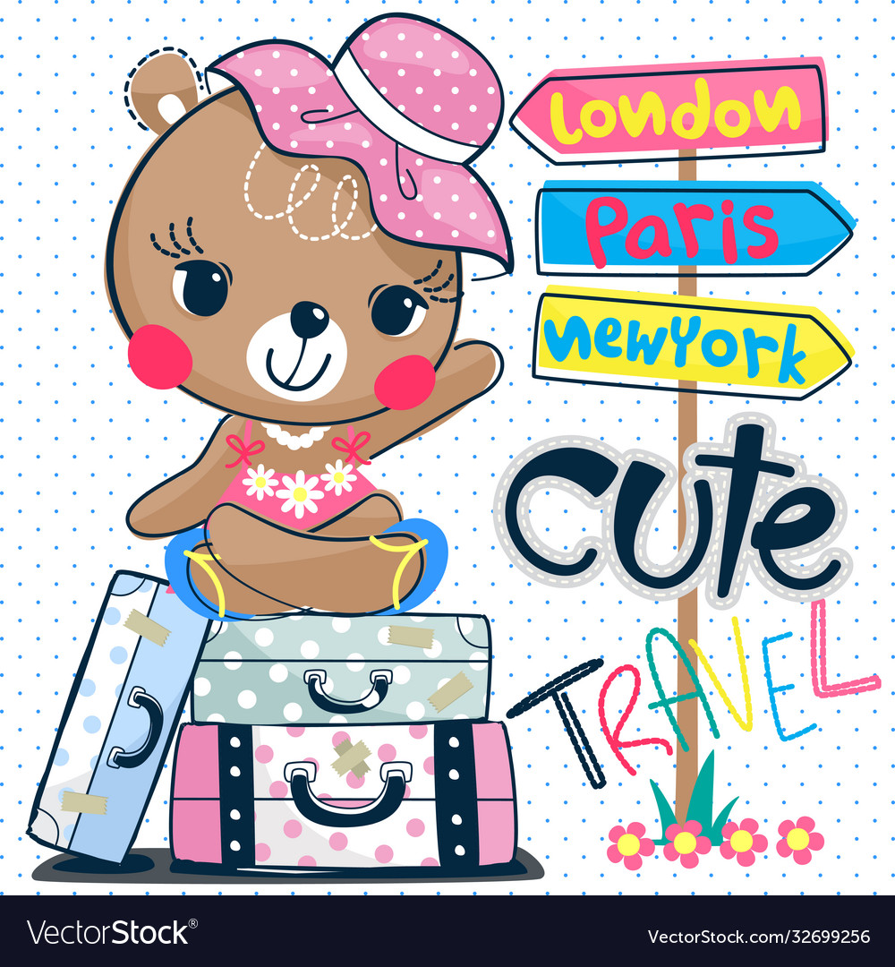 Cute cartoon teddy bear girl sitting on suitcase