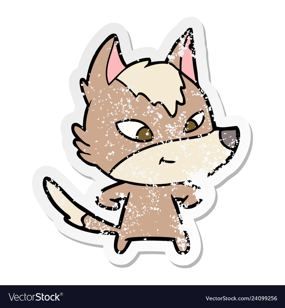 Distressed sticker of a friendly cartoon wolf