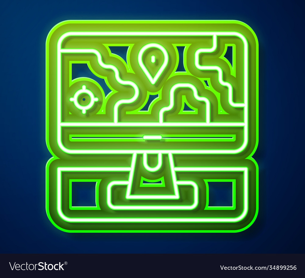 Glowing neon line computer monitor and folded map vector image Glowing neon line computer monitor and folded map
