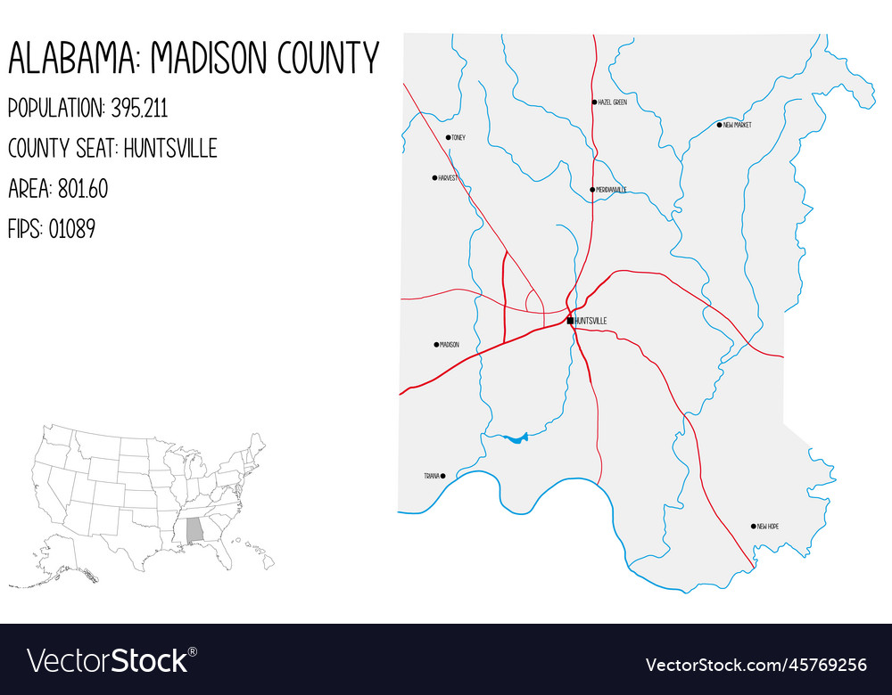 Map of madison county in alabama usa vector image Map of madison county in alabama usa