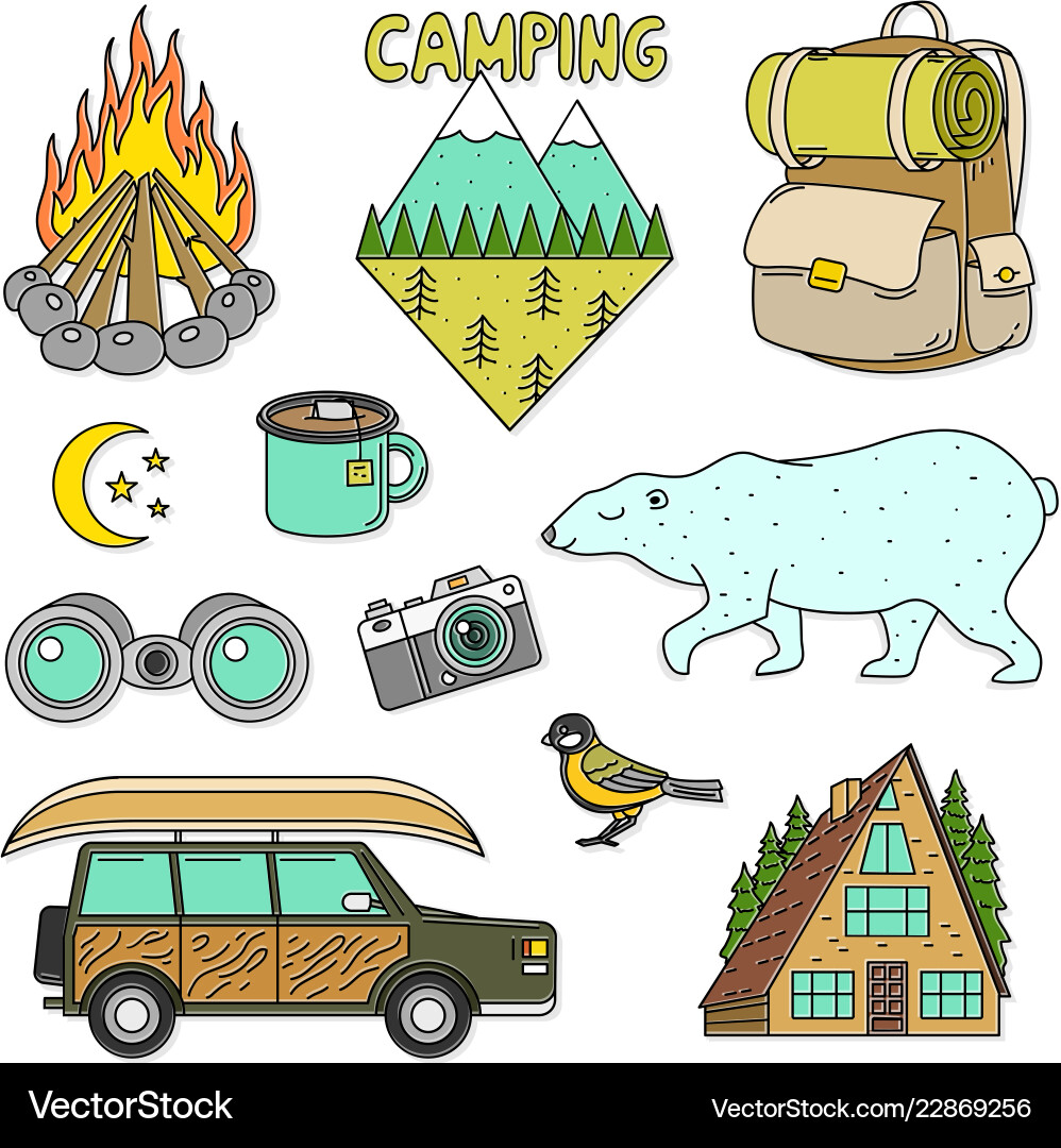 Set cute camping elements equipment in forest Vector Image
