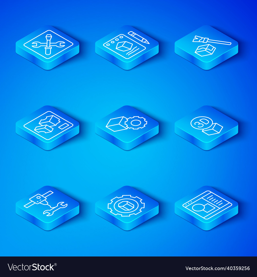 Set line 3d printer wrench spanner isometric cube vector image Set line 3d printer wrench spanner isometric cube