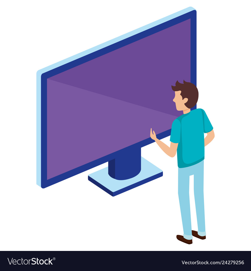 Young man with computer display