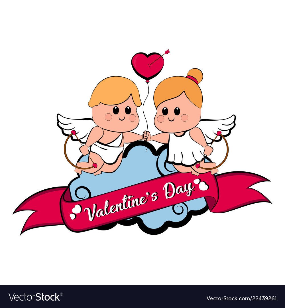 Cupid couple with a heart shape balloon Royalty Free Vector