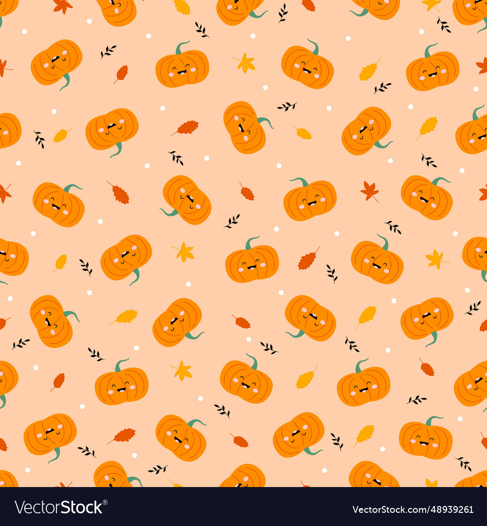 Funny pumpkins with leaves and twigs seamless