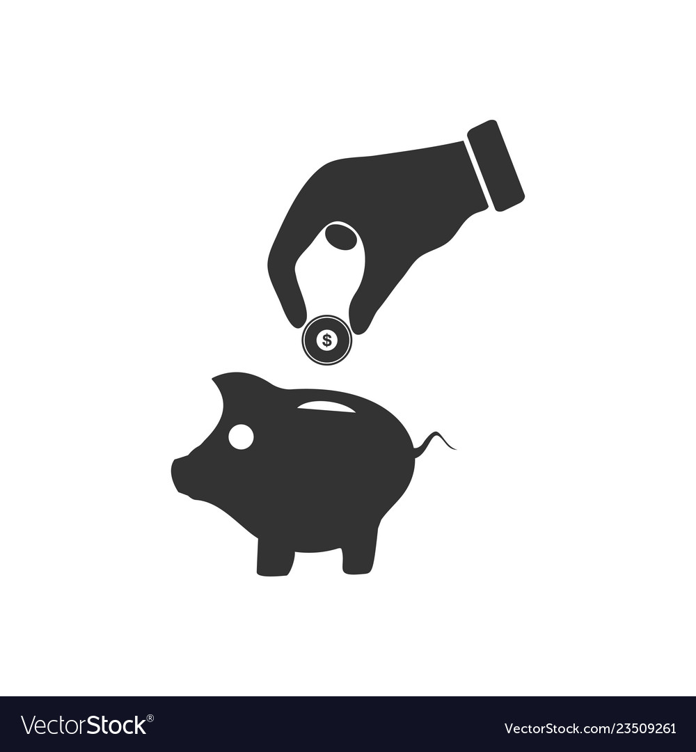 Hand pick down coin into pig money box icon flat