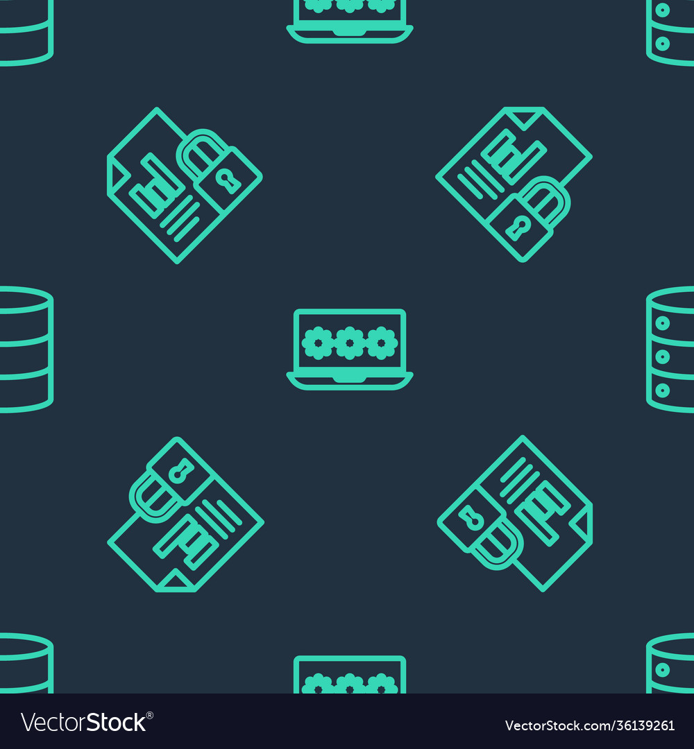 Set line laptop with password document and lock vector image Set line laptop with password document and lock