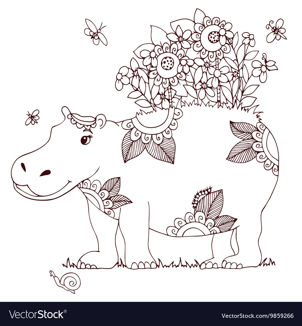 Zen Tangle Hippo mit Blumen