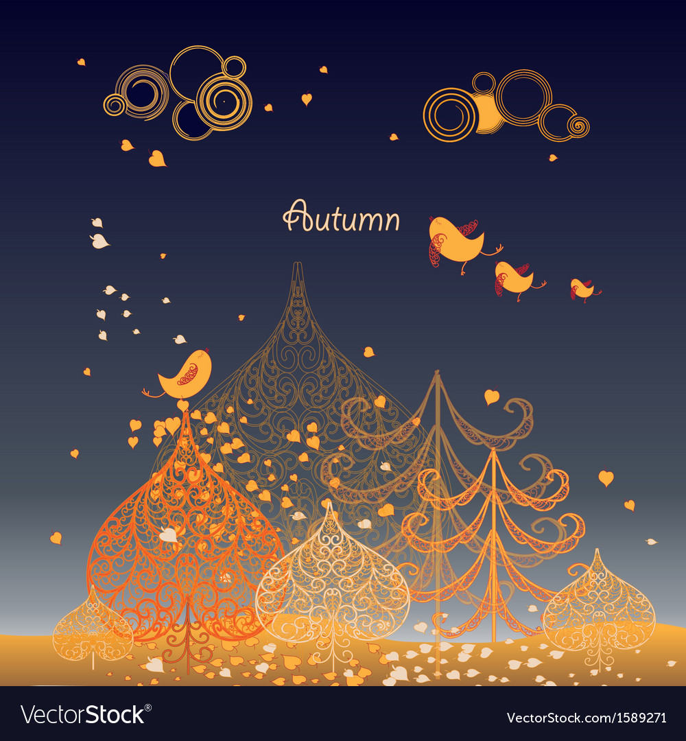 Autumn background with leaves birds and trees Vector Image
