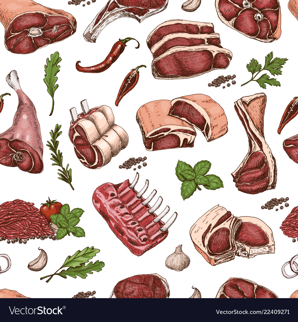 Seamless pattern with different color meats vector image Seamless pattern with different color meats