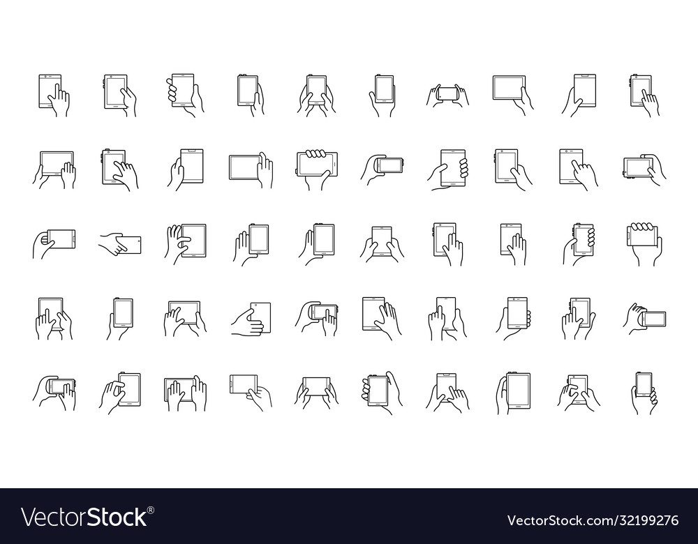 Bundle hands and smartphones set icons