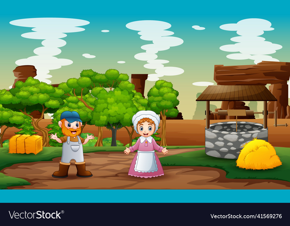 Cartoon of happy the farmers in farm landscape