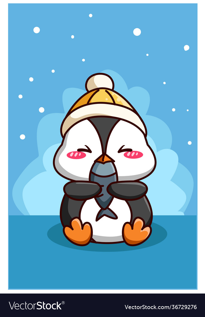 Cute and happy penguin with fish cartoon