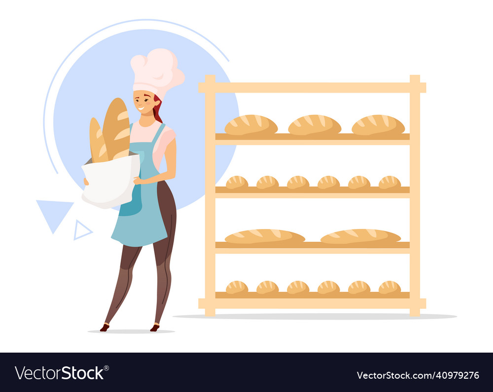 Female baker flat color woman next to shelves