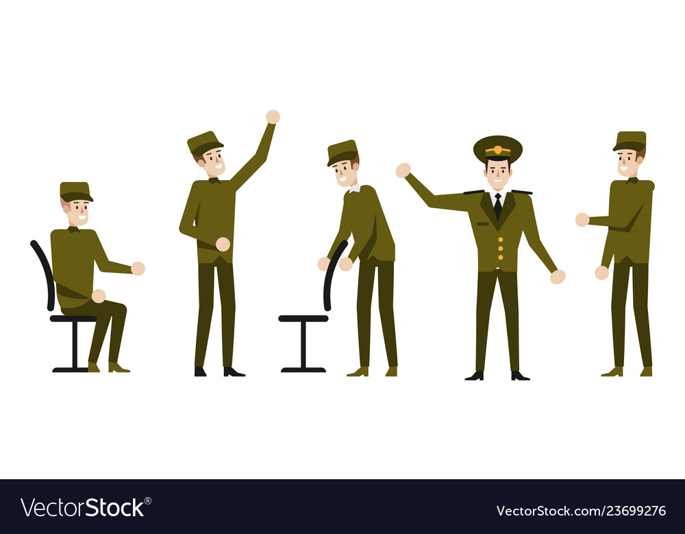 Military cartoon character isolated soldier set