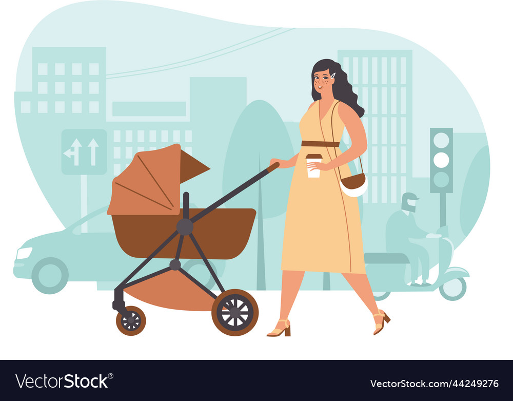 Young mother walking with a baby stroller